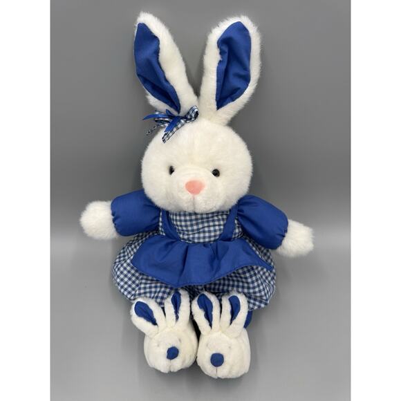 White & Blue Rabbit Plush 12” Stuffed Animal In Checkered Dress & Bunny Slippers - Picture 3 of 7